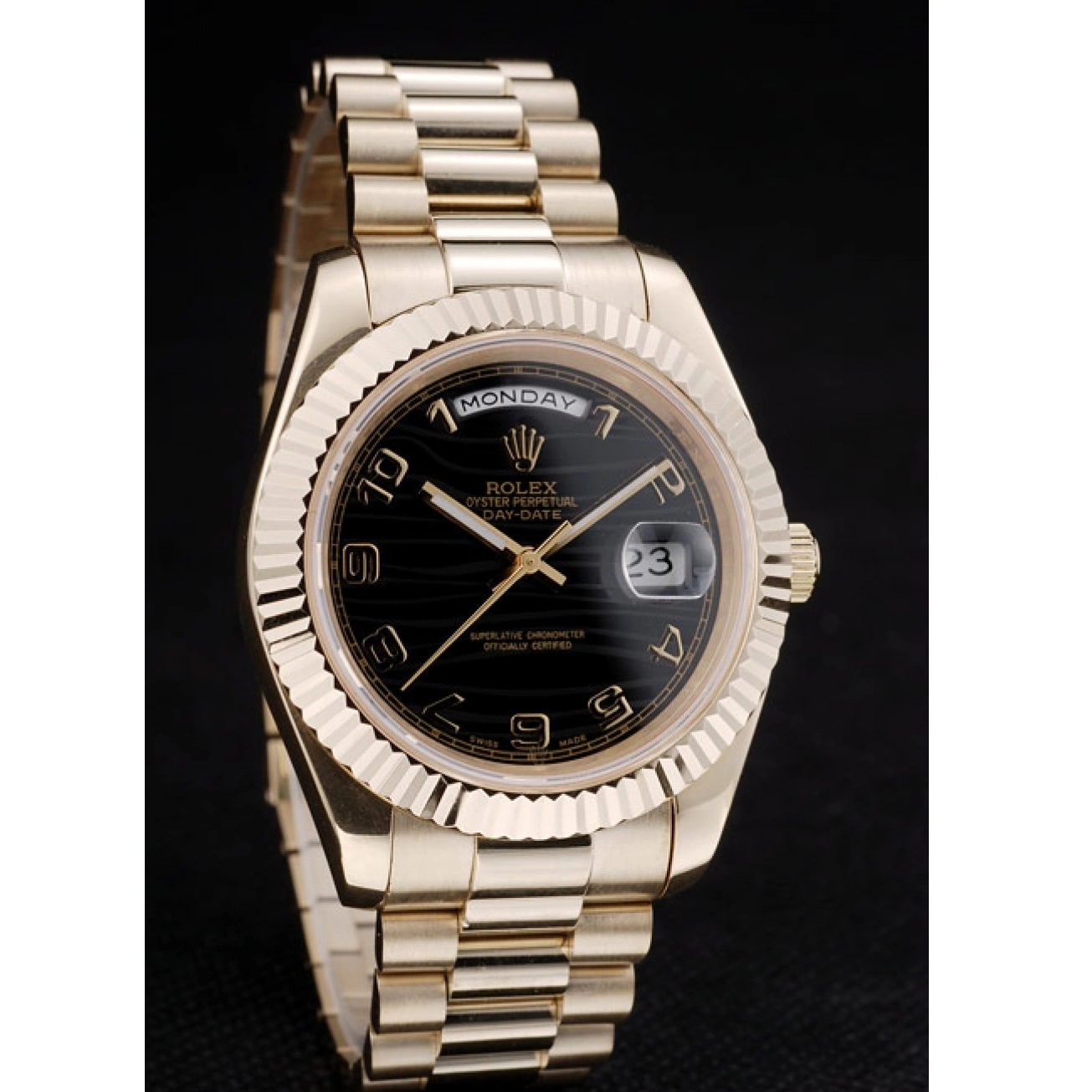 Rolex aaa copy Gold Dial DayDate Rolex Black Stainless 41998 Ribbed Steel Bezel Swiss 0709